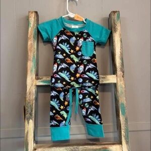 Kids Space Dino pjs - Teal & Black